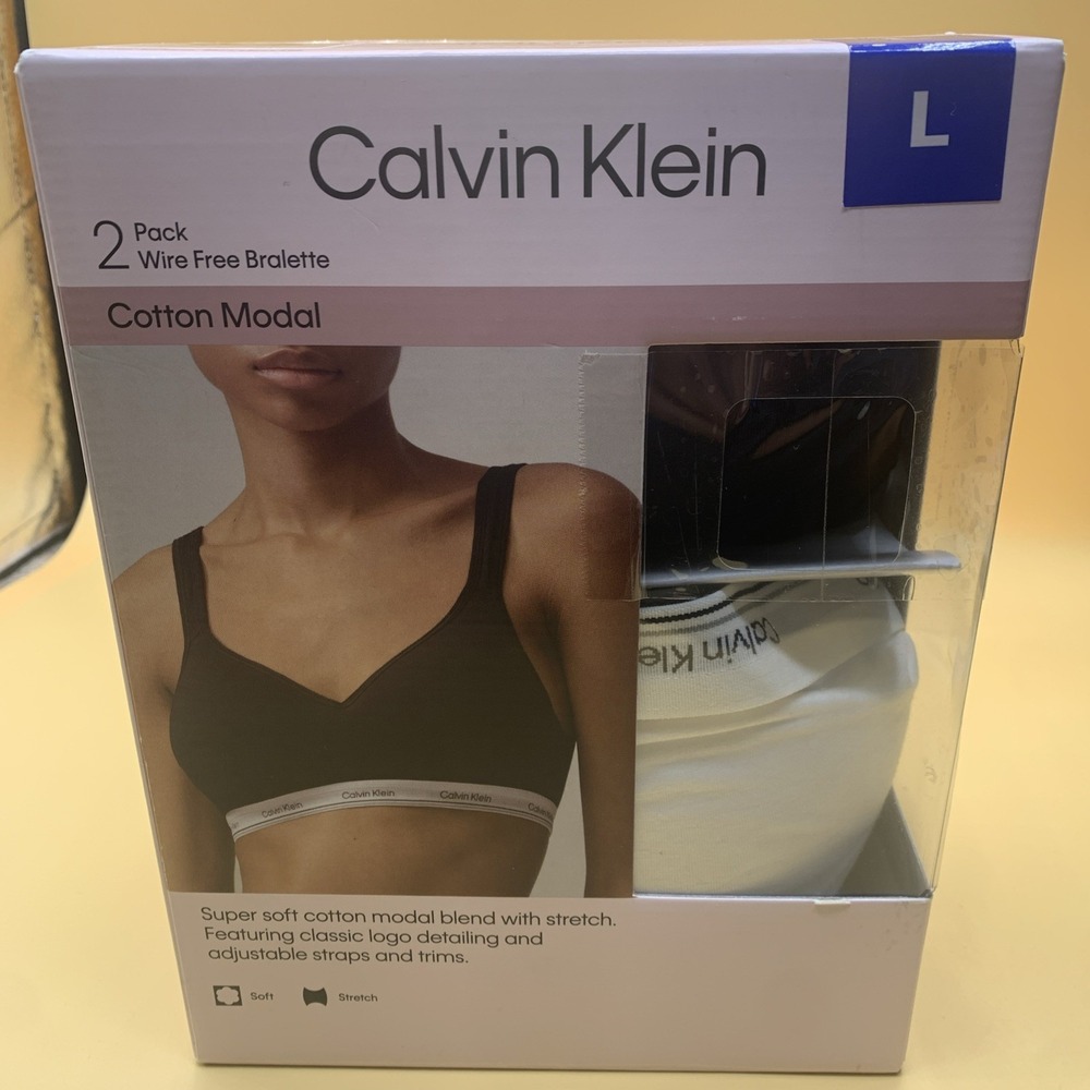New Calvin Klein Women's Cotton  2 Pack No Wire Bralette Black White Large